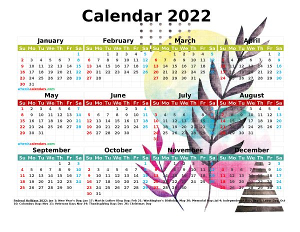 12 Printable Yearly 2022 Calendar With Holidays Watercolor Premium