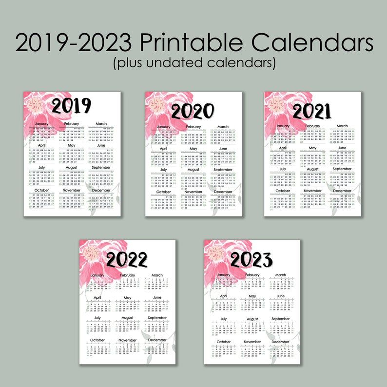 2019 2023 Monthly Printable Calendars Floral Edition Instant Digital 