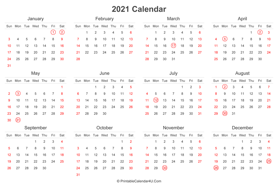 2021 Calendar With UK Bank Holidays Highlighted Landscape Layout 