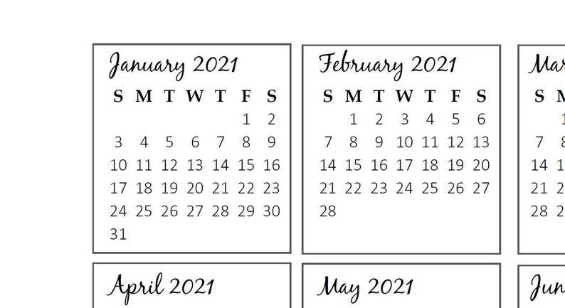 2021 Mini Yearly Calendar Printable Template PDF Etsy