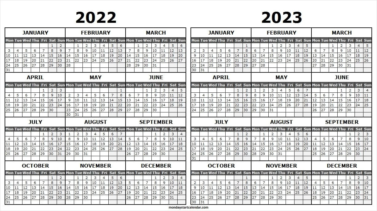 2023 Printable Boxed Yearly Calendar With Monday Start ...