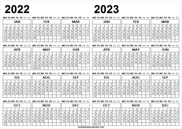 2022 And 2023 Academic Calendar Printable 2 Year Calendar Template