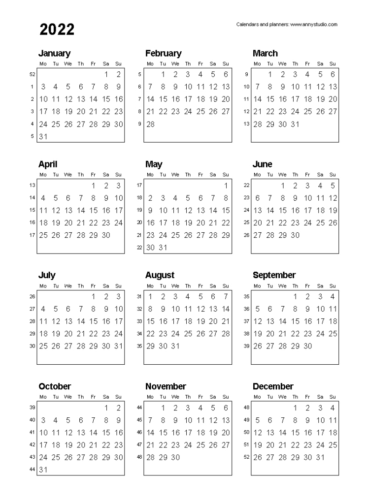 2022 Calendar With Week Numbers Free Letter Templates
