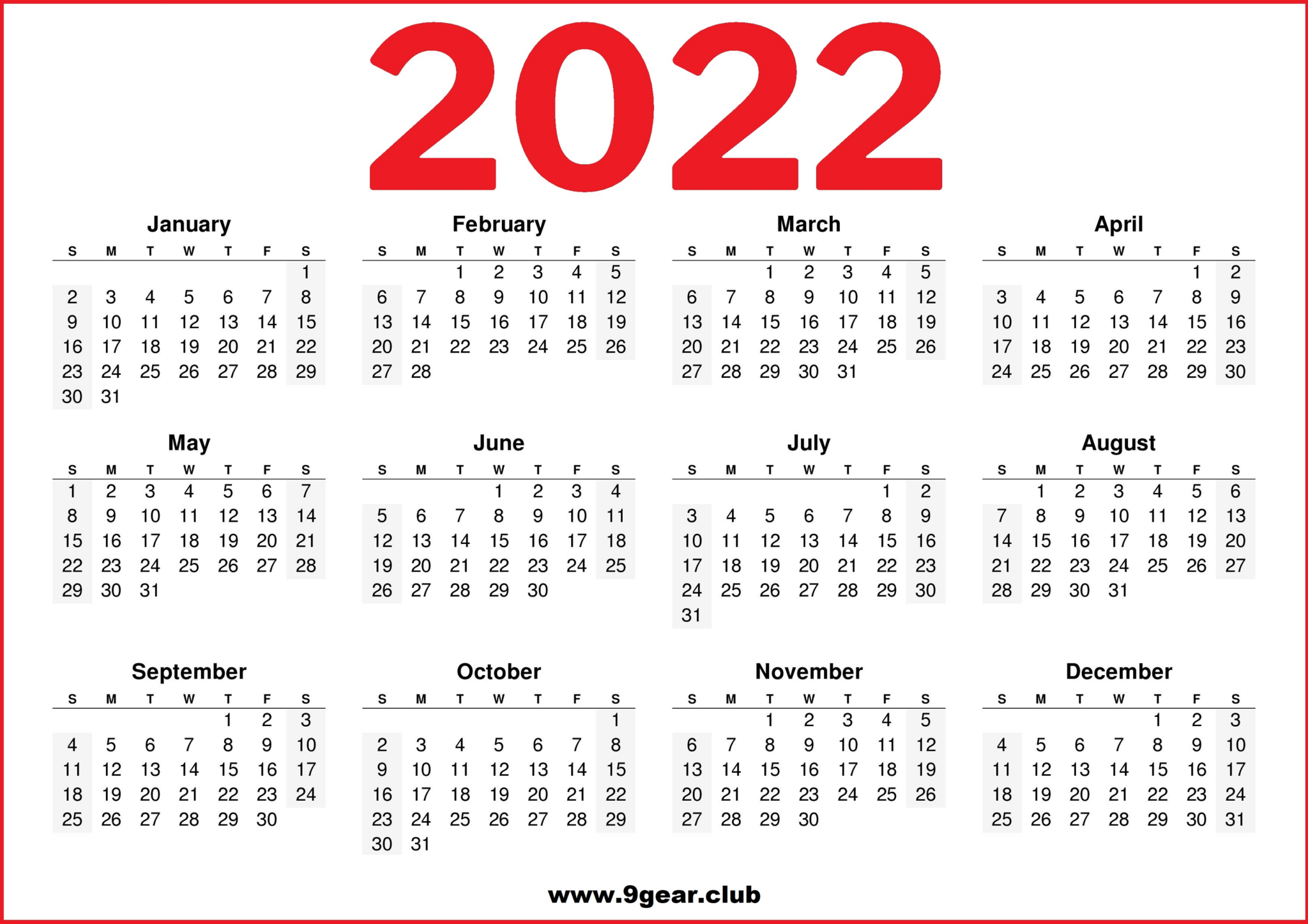 2022 Free Printable US Calendars Horizontal Printable Calendars