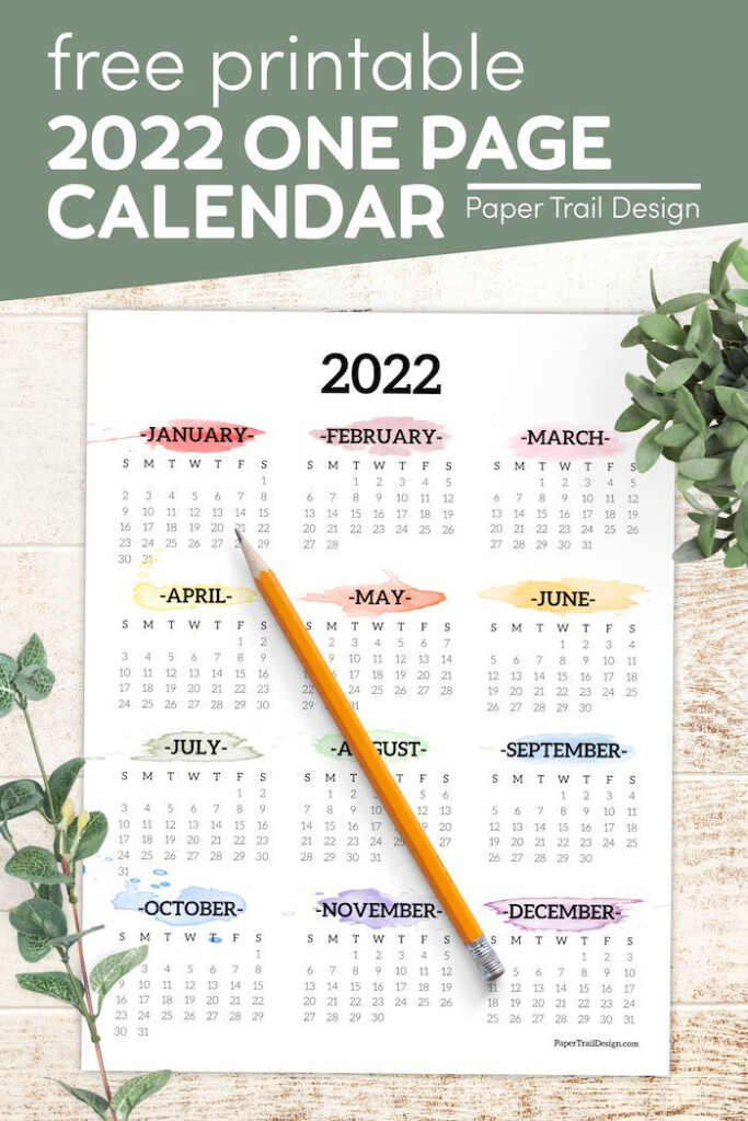 2022 One Page Calendar Printable Watercolor Paper Trail Design In 