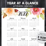 2022 Printable Calendar Watercolor Roses Year At A Glance