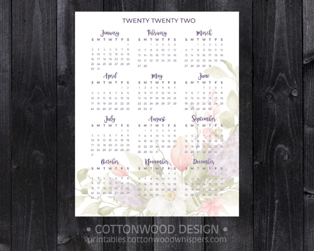2022 Year At A Glance Calendar Bouquet Floral Printable Calendar 