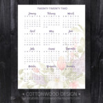 2022 Year At A Glance Calendar Bouquet Floral Printable Calendar