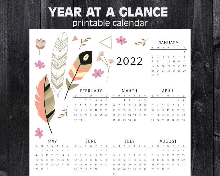 2022 Year At A Glance Calendar Printable With Feathers Flowers