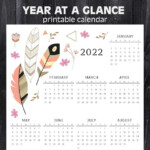 2022 Year At A Glance Calendar Printable With Feathers Flowers