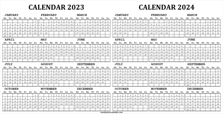 2023 2024 Printable Calendar With Holidays 2 Year Calendar Template