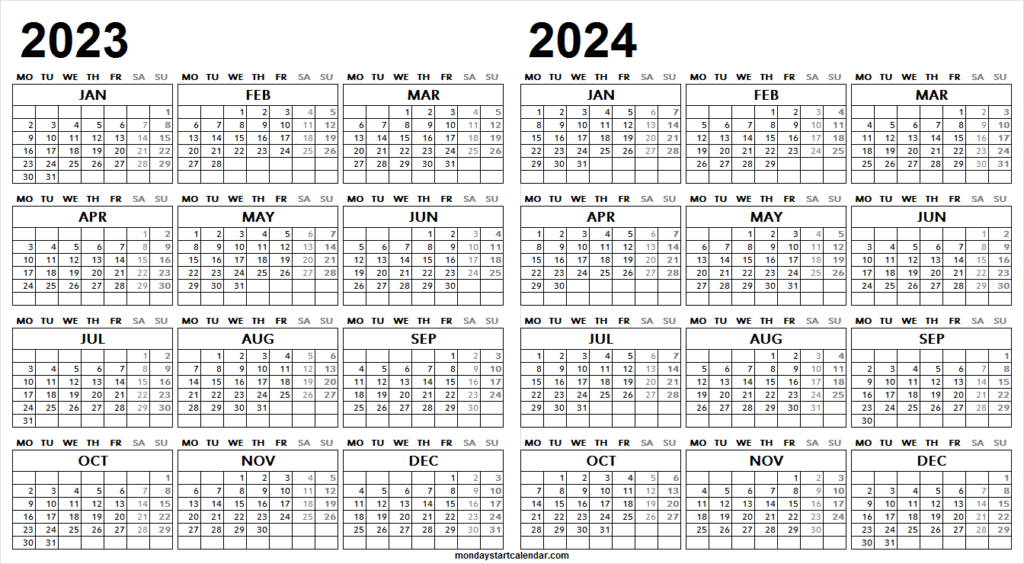 2023 And 2024 Monday Start Calendar Jan 2023 To Dec 2024 Calendar