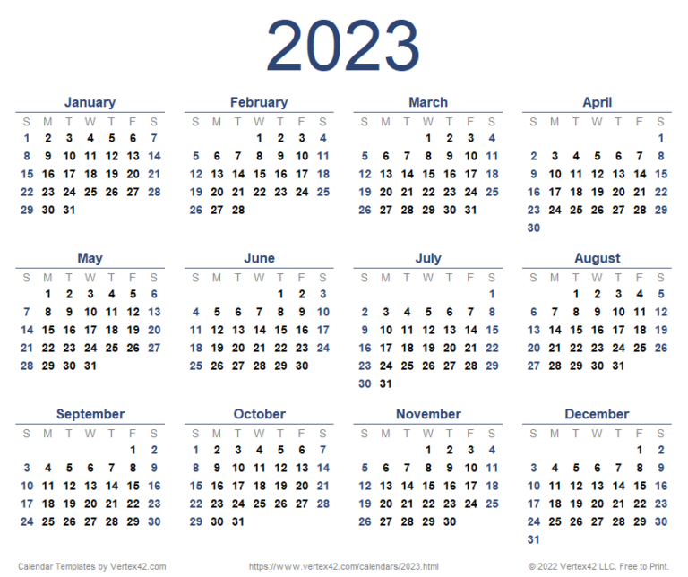 2023 Yearly Calendar With Date Boxes And Abbreviated Holidays