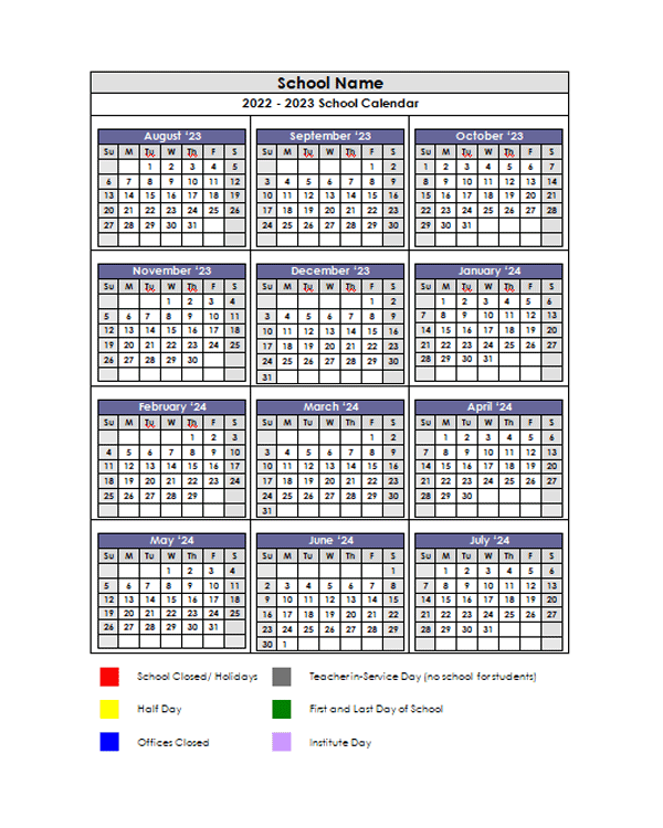 2023 Google Docs School Vertical Yearly Calendar Free Printable Templates