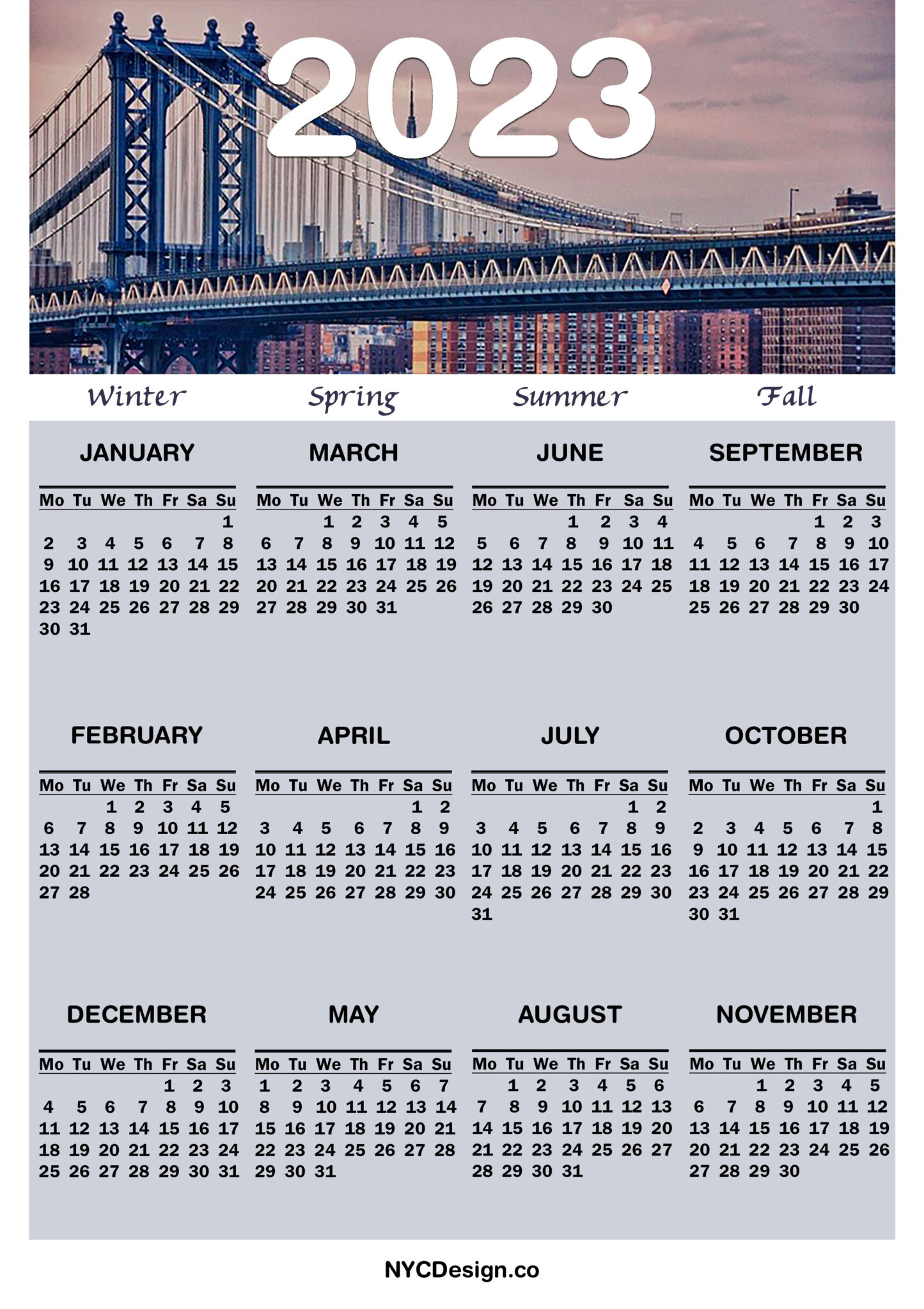 2023 Printable Free New York Calendar Monday Start NYCDesign co