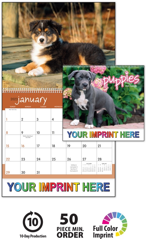 2023 Puppies Calendar 11 X 19 Imprinted Spiral Bound Drop Ad 