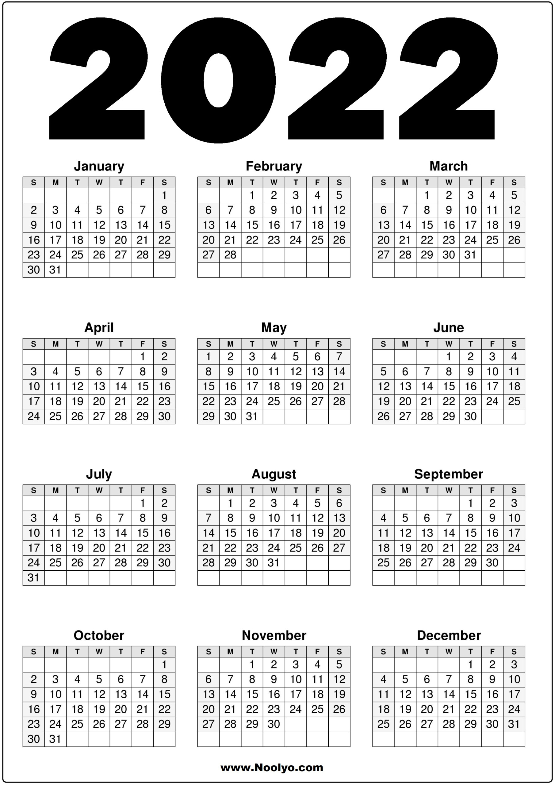 A4 Size 2022 Calendars Printable Free Vertical Noolyo Calendars ...