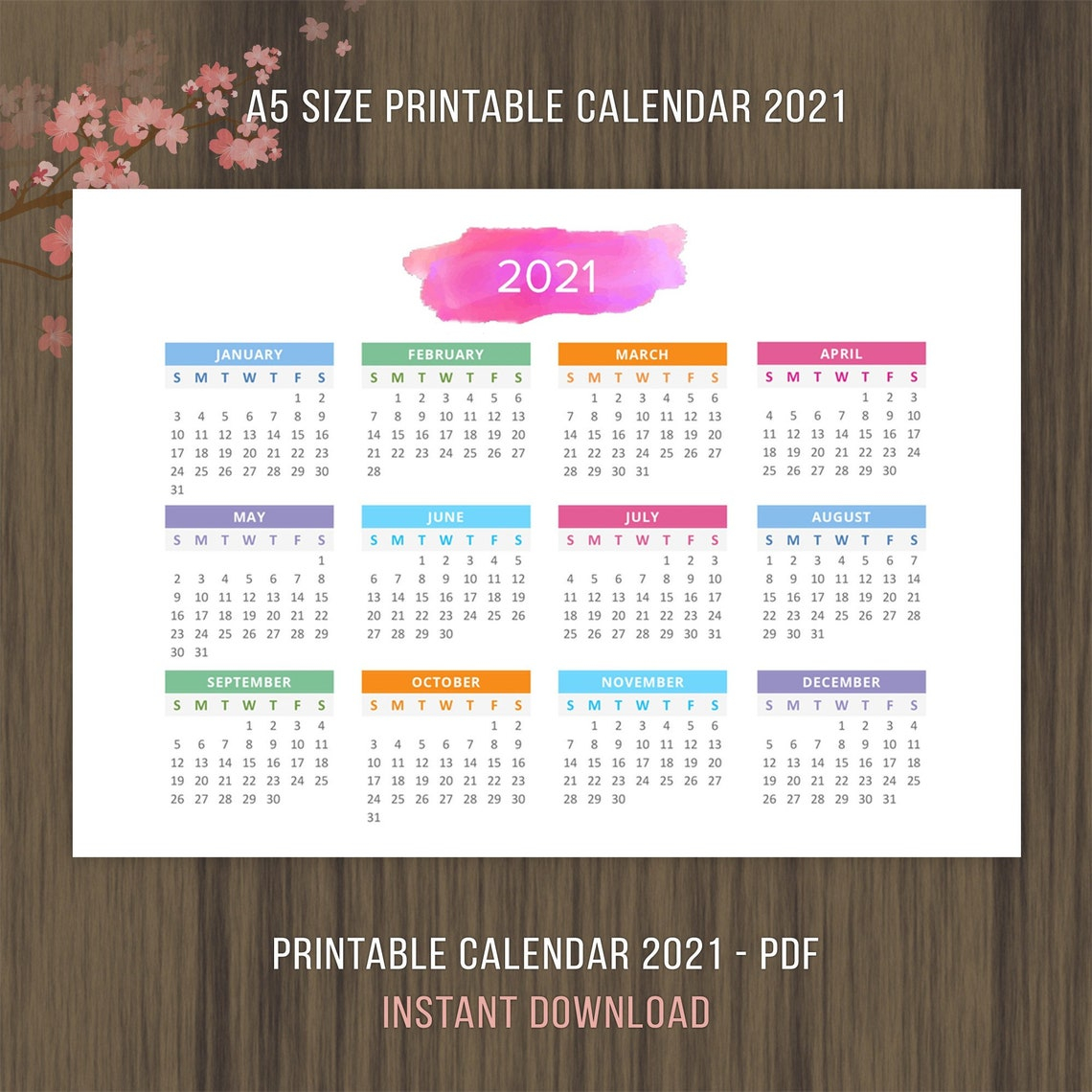 A5 Printable Calendar 2021 2022 Desktop Calendar Landscape Etsy