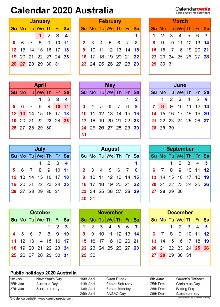 Australia Calendar 2020 Free Printable Excel Templates