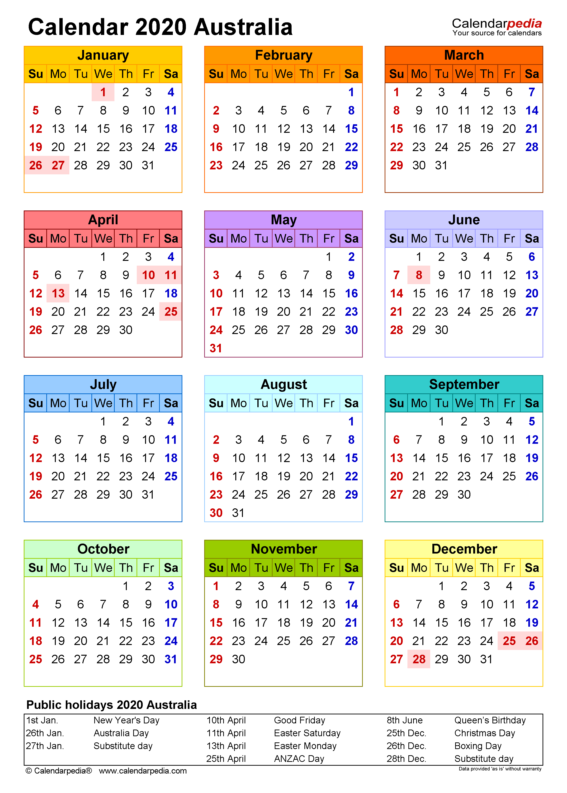 Australia Calendar 2020 Free Printable Excel Templates