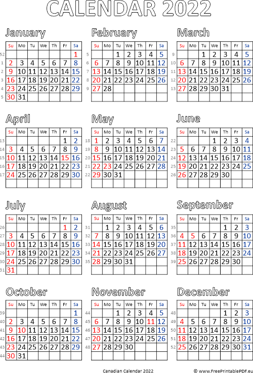 Calendar 2022 Canada Pdf Free Printable PDF