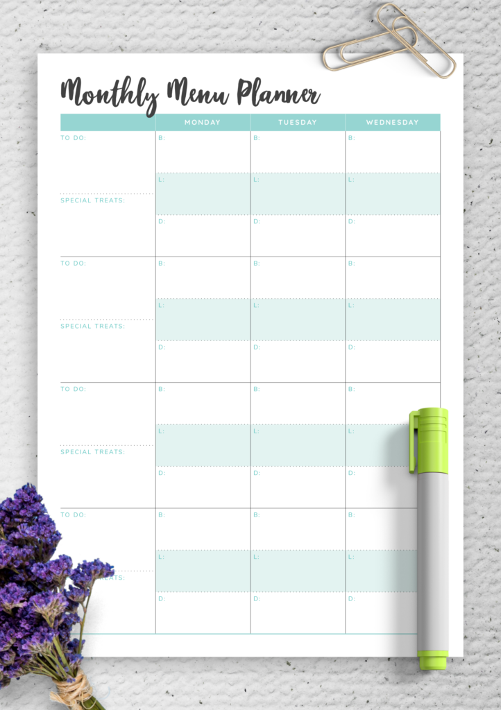 Download Printable Monthly Menu Planner PDF