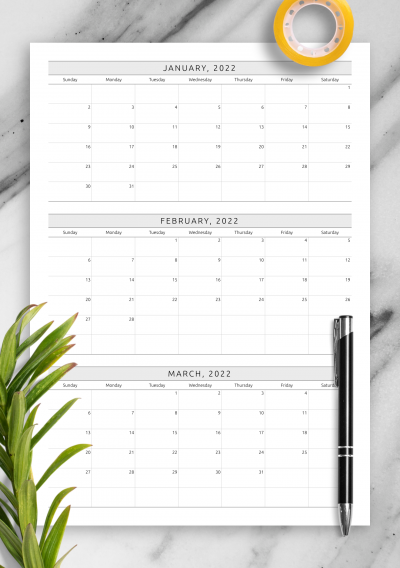 Download Printable Quarterly Calendar Template PDF