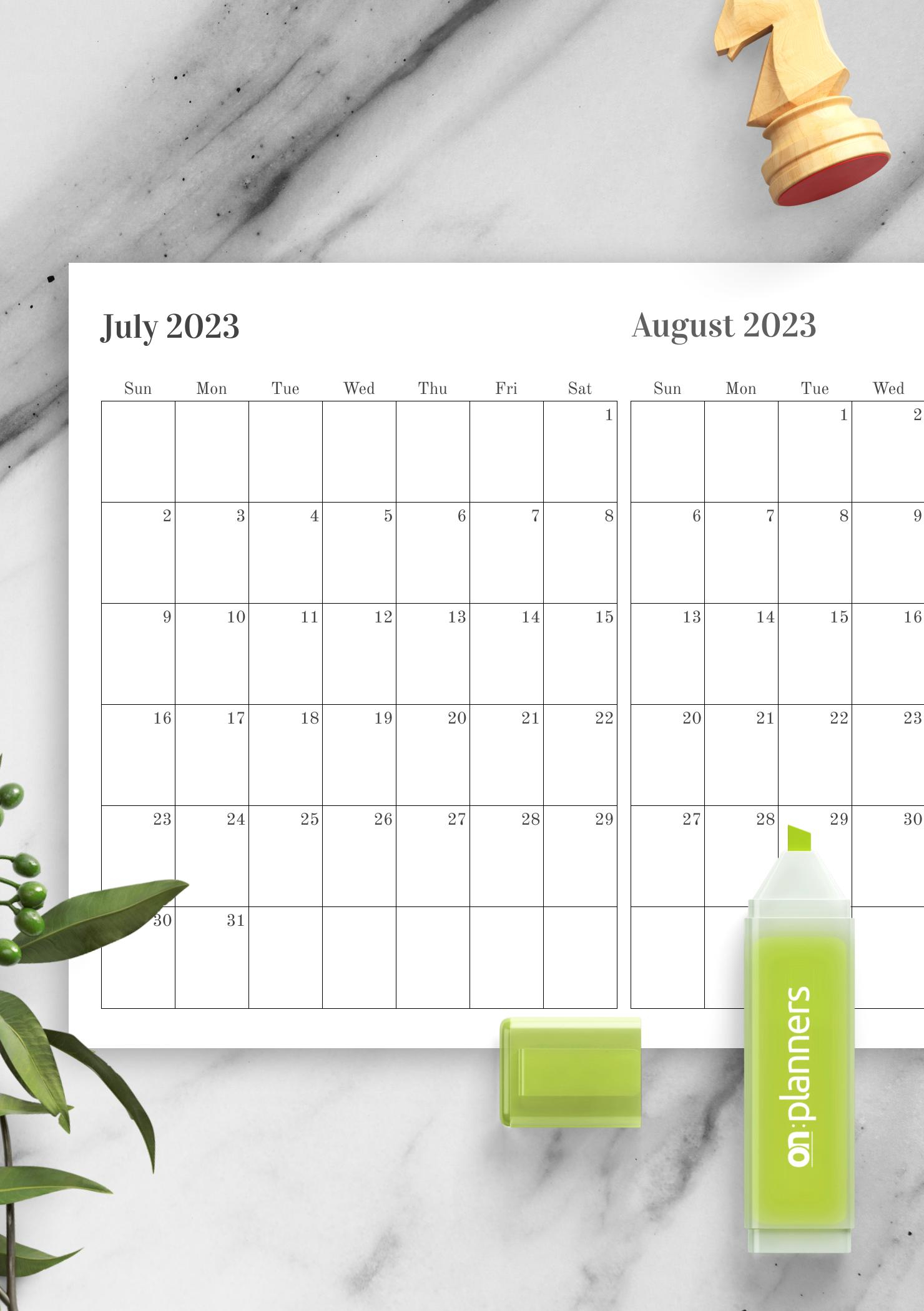 Download Printable Two Months On One Page Calendar PDF