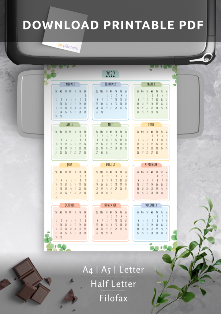 Download Printable Yearly Calendar Floral Style PDF