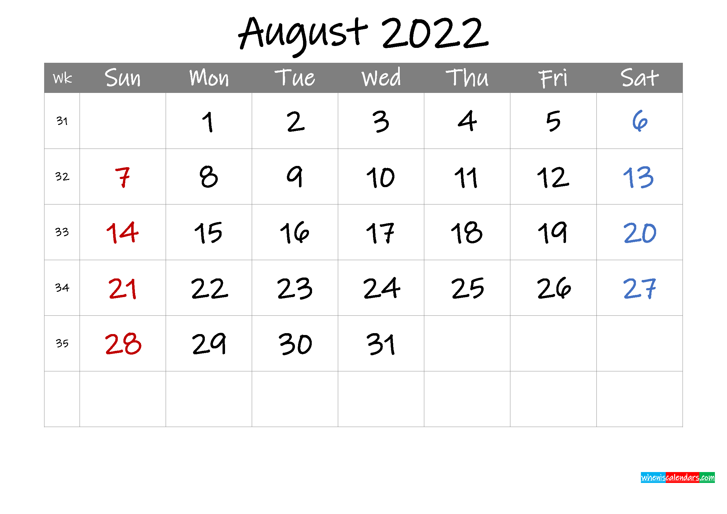 Editable August 2022 Calendar With Holidays Template Ink22m8