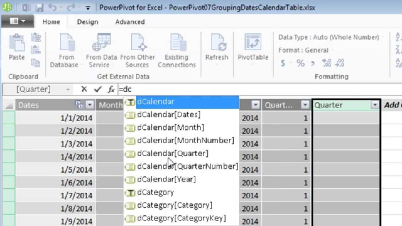 Excel 2013 PowerPivot Basics 7 Calendar Table Calculated Columns