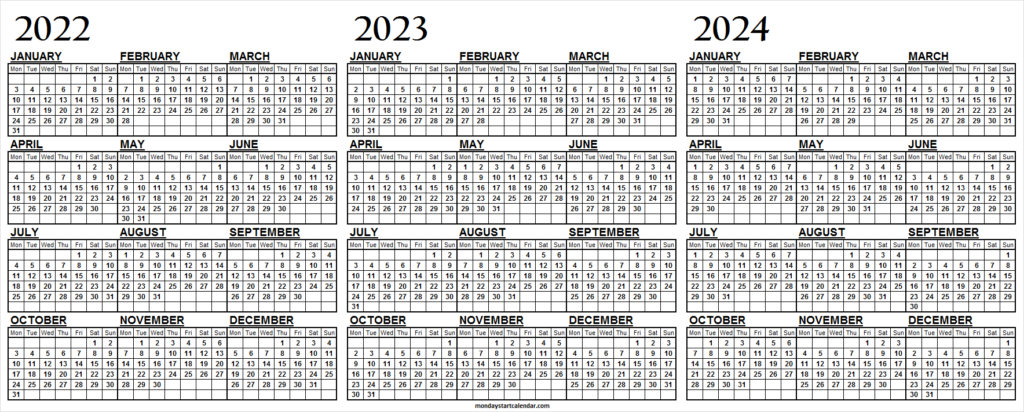 Free Calendar 2022 2023 2024 Template 3 Year Calendar Template