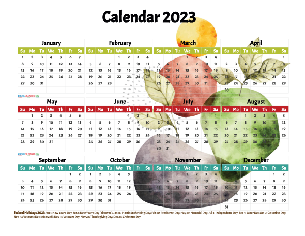 Free Printable 2023 Yearly Calendar With Holidays 12 Templates Watercolor 