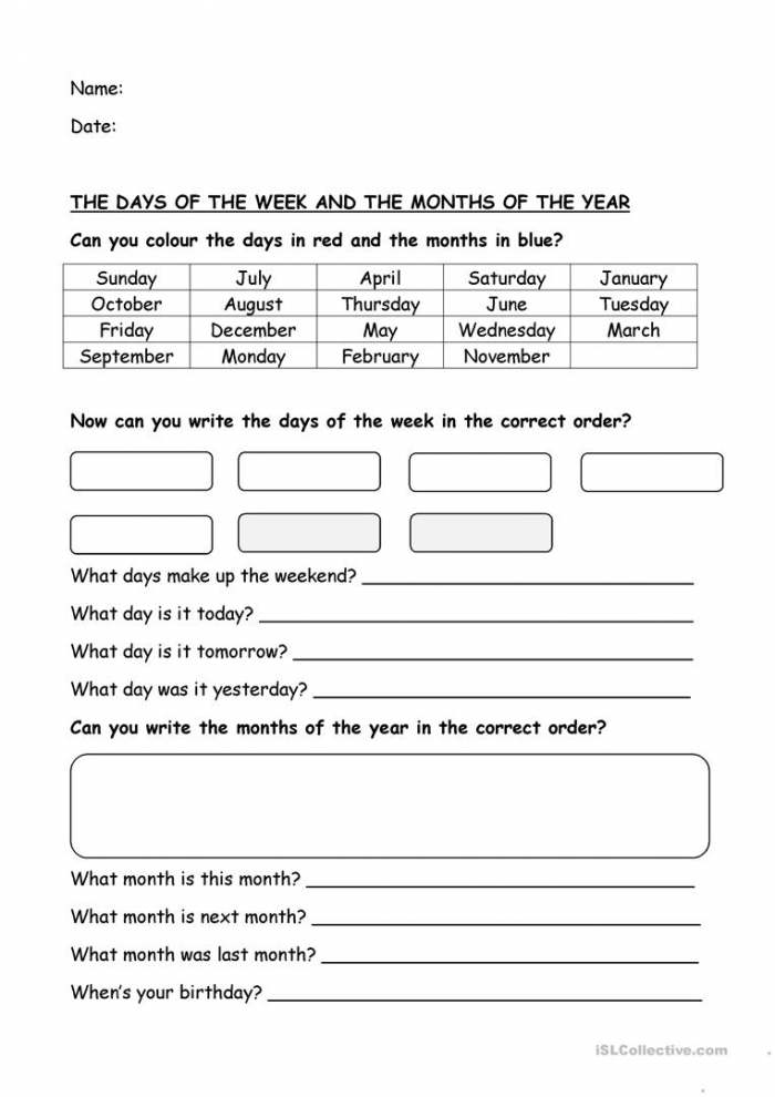 Learn The Days Of The Month Worksheets 99Worksheets