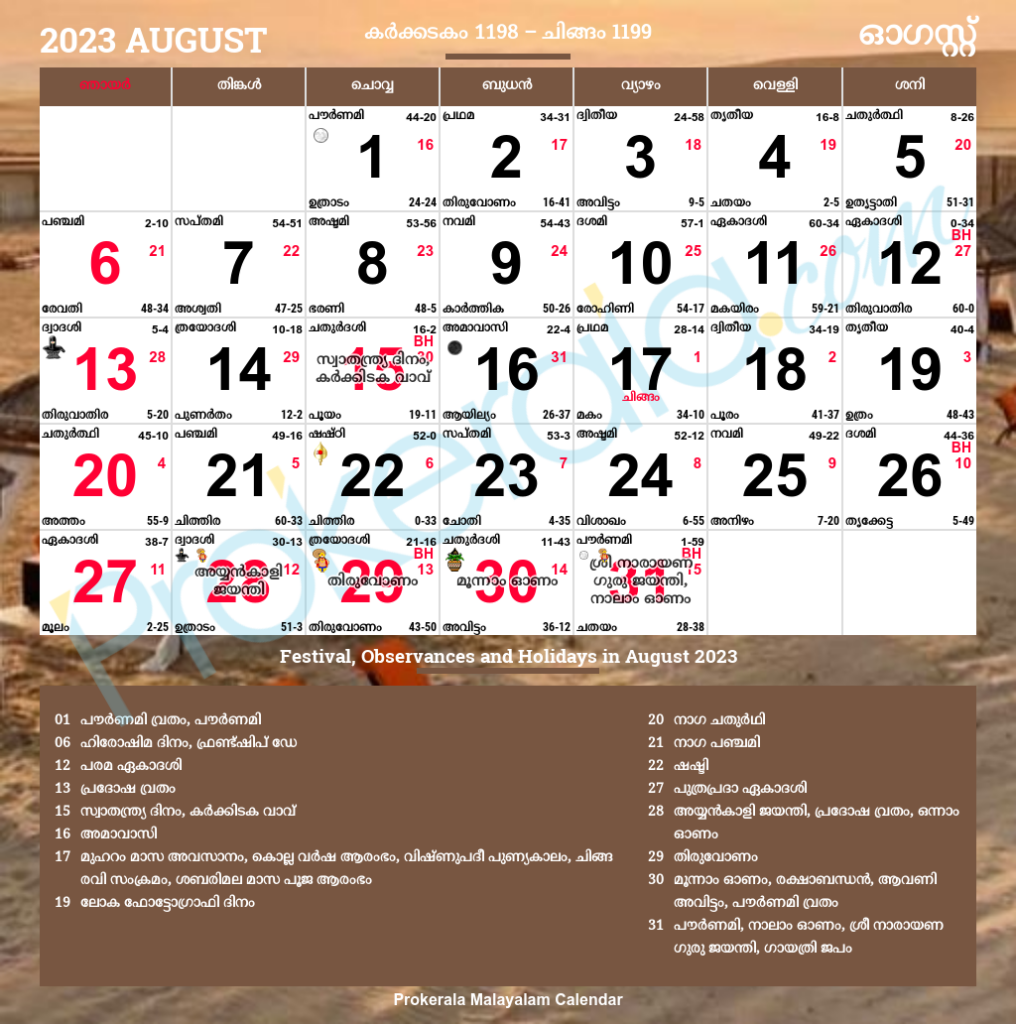 Malayalam Calendar 2023 August