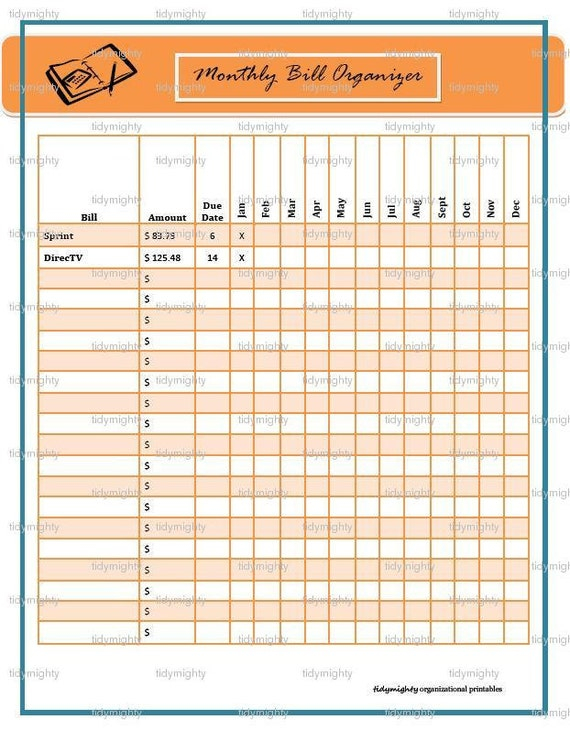 Monthly Bill Organizer Tracker Printable PDF INSTANT