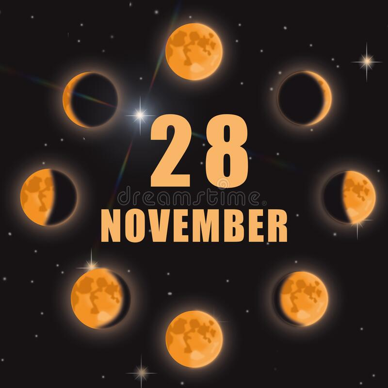 November 28 28th Day Of Month Calendar Date Phases Of Moon On Black