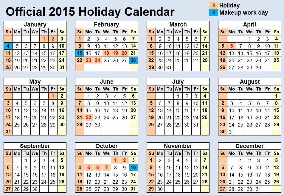 Official 2015 Holiday Schedule Released Only One Heinous Six Day Work