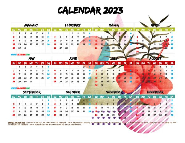 Printable 2023 Yearly Calendar With Holidays Premium Template 27481