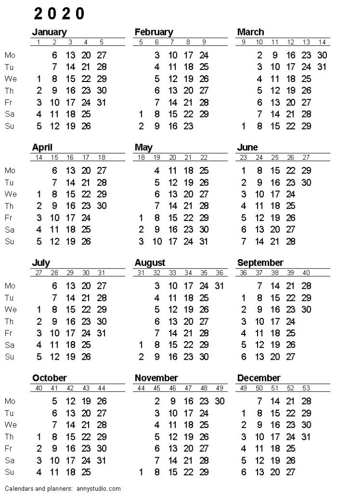 Printable Calendar 2020 Monday Week Start ISO Week Numbers Single 