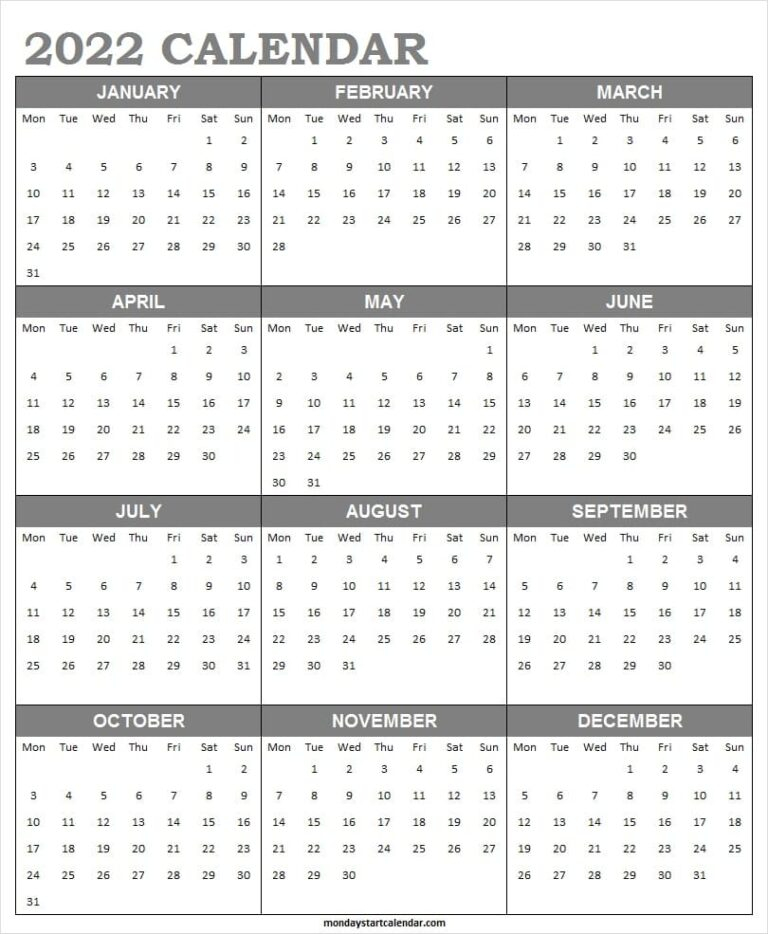 Printable Calendar 2022 Monday Start Jan To Dec 2022 Calendar Editable