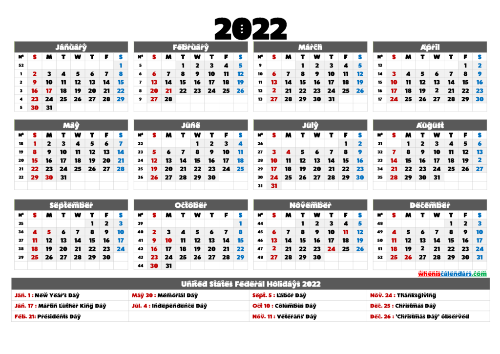 Printable Calendar 2022 With Holidays 6 Templates