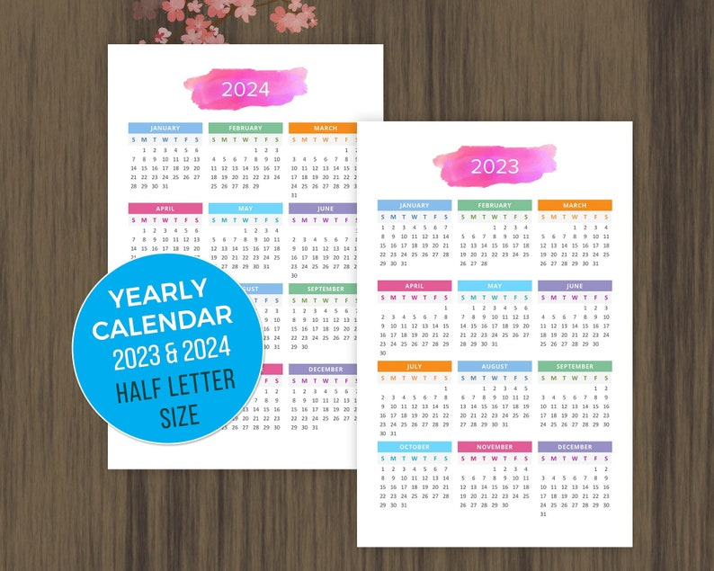 Printable Calendar 2023 2024 Desktop Calendar Yearly Wall Etsy