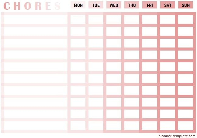 Printable Cute Pink Blank Chore Chart Template For Family Members 