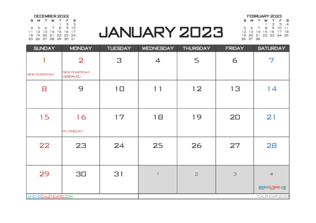 Printable January 2023 Calendar Free 12 Templates