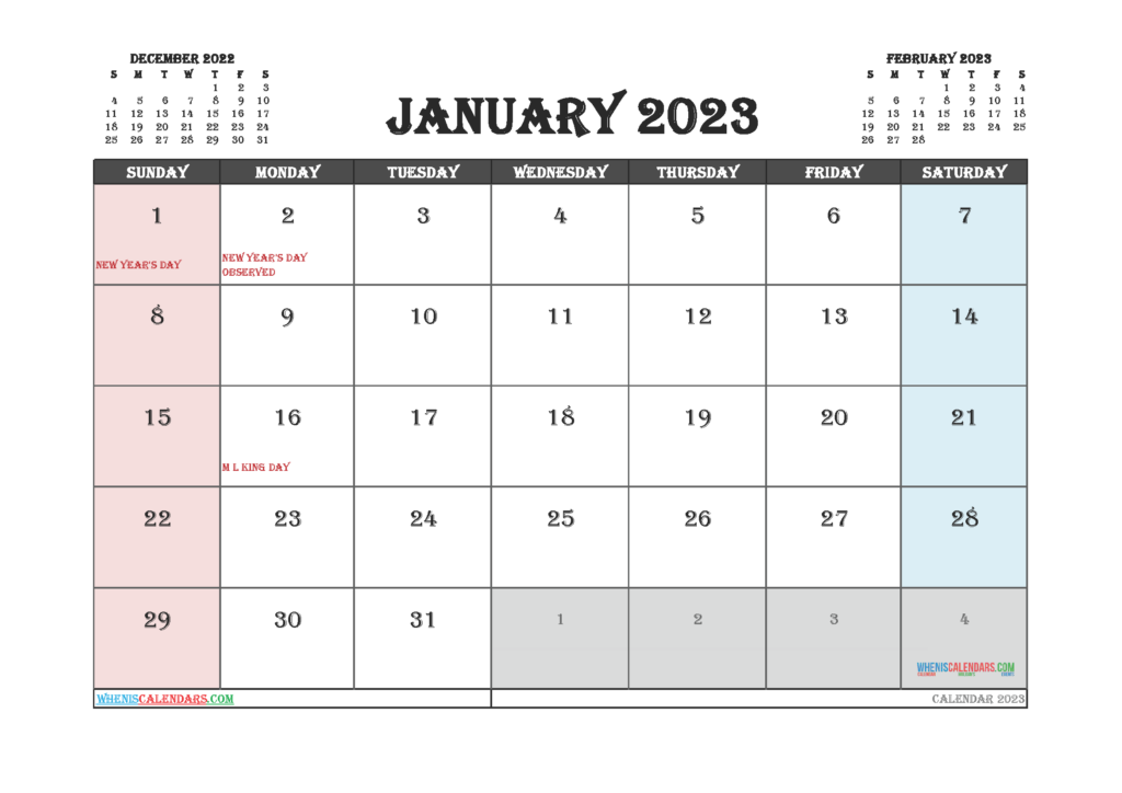 Printable January 2023 Calendar Free 12 Templates