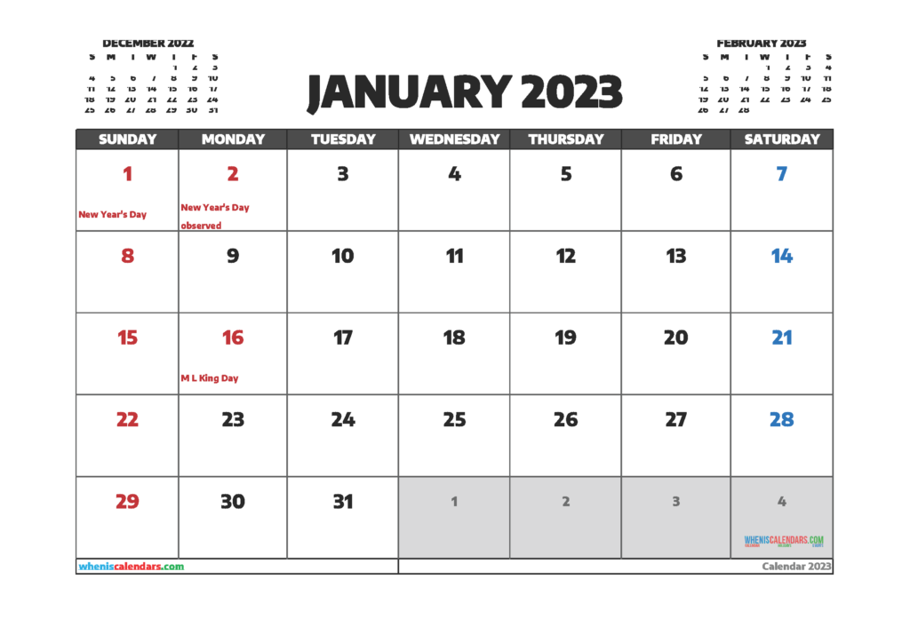 Printable January 2023 Calendar Free 12 Templates