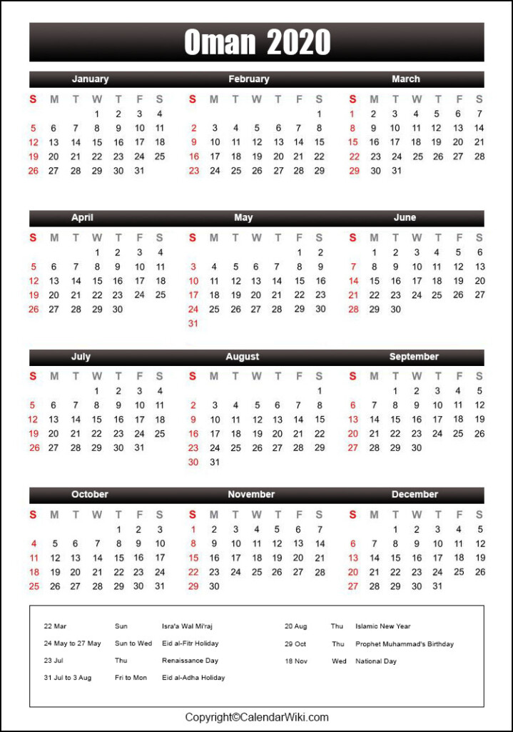 Printable Oman Calendar 2020 With Holidays Public Holidays 