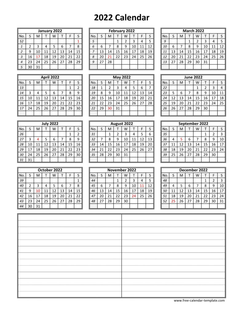 Printable Yearly Calendar 2022 Free calendar template