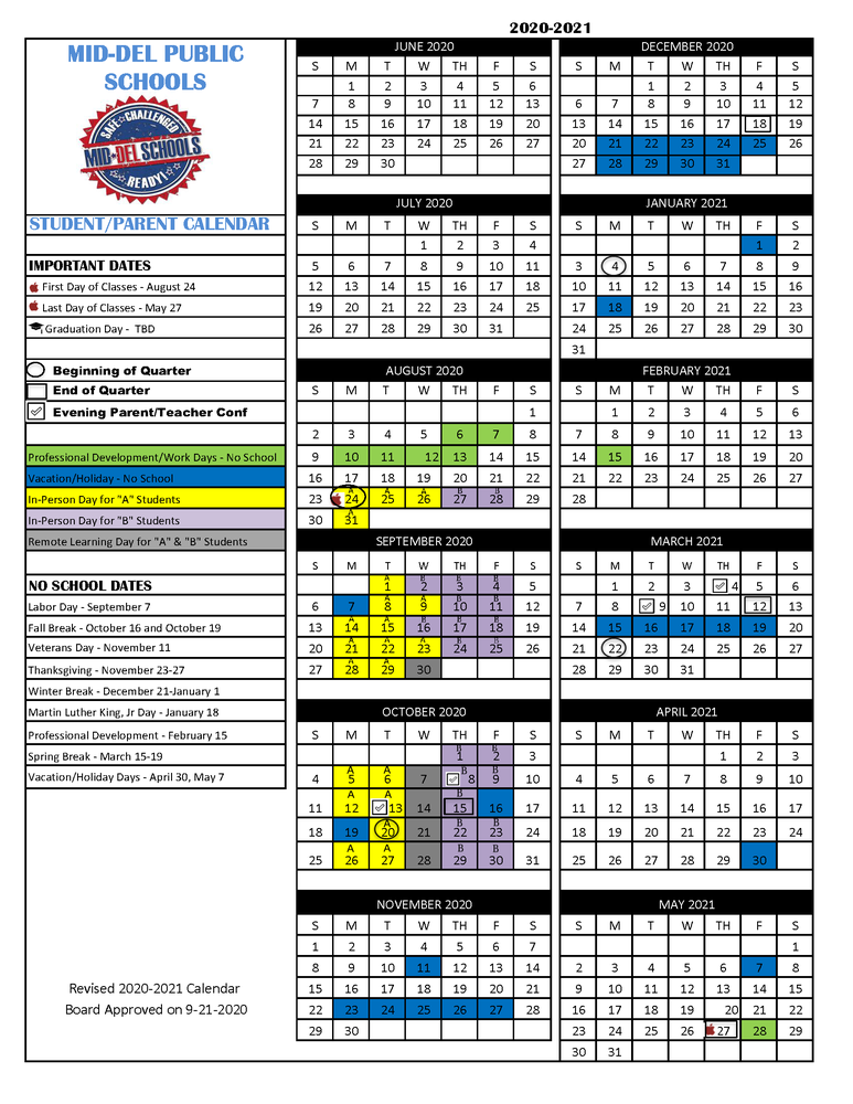 Revised 2020 2021 School Year Calendar Approved 9 21 2020 Mid Del 